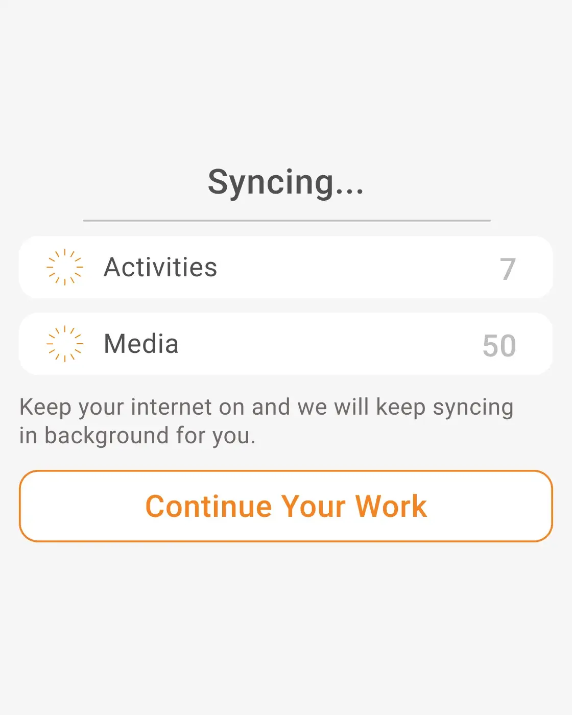BeatRoute SFA app Syncing screen uploading the activities and photos a rep saved in a dead zone, once signal returns