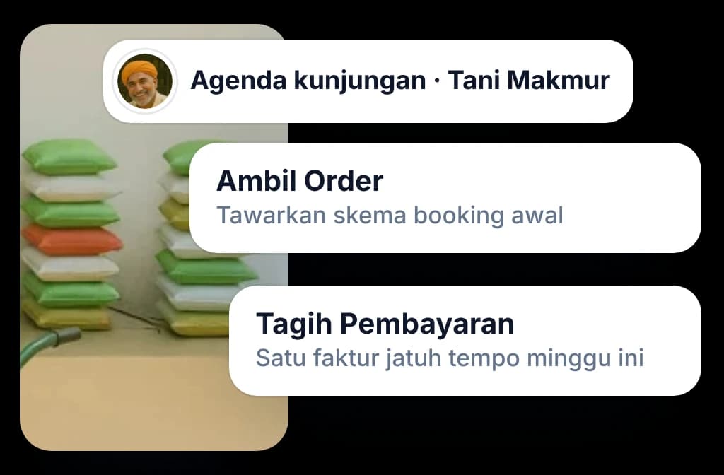 Agenda kunjungan singkat untuk satu dealer: order yang ditagih beserta skema yang ditawarkan, dan pembayaran yang jatuh tempo