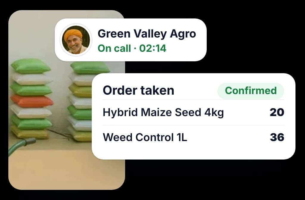 The TeleOrder AI Agent on a call with an agri dealer, and the confirmed order for seed and herbicide it took