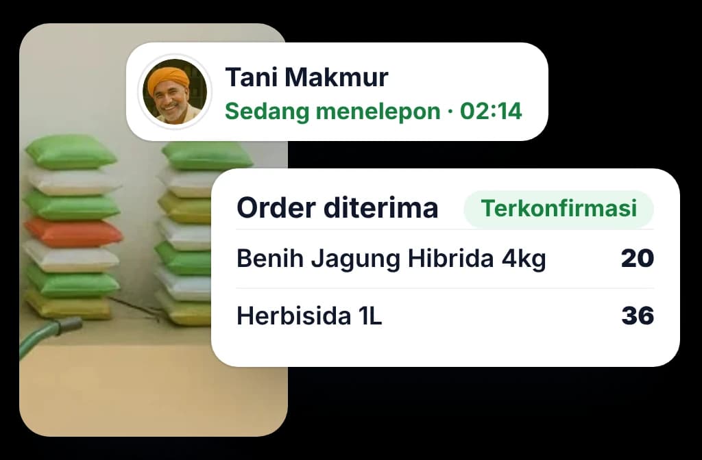 TeleOrder AI Agent menelepon dealer agri input, beserta order benih dan herbisida yang dikonfirmasi