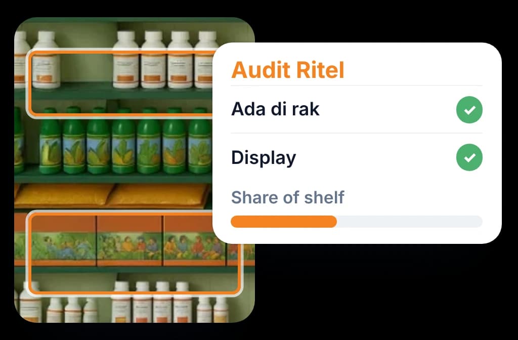 Audit ritel dari satu foto rak dealer agri input, memeriksa stok di rak, display, dan share of shelf