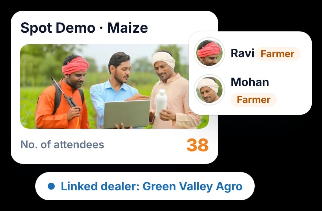 A spot demo logged by a crop advisor with its farmer attendees and photo, linked to the dealer that serves them