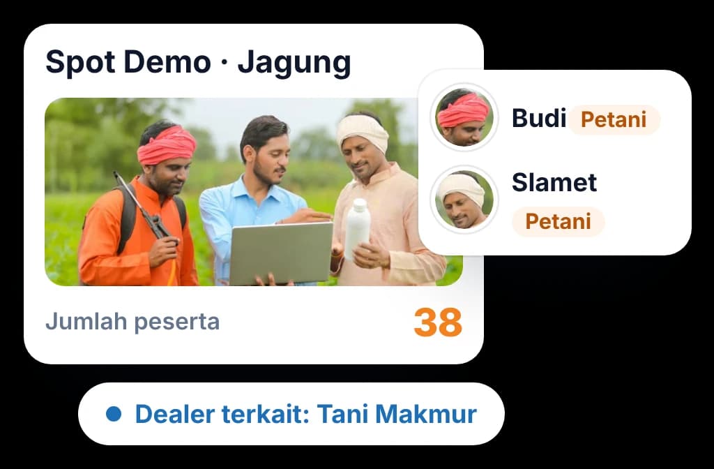 Spot demo yang dicatat crop advisor lengkap dengan peserta petani dan foto, terhubung ke dealer yang melayani mereka