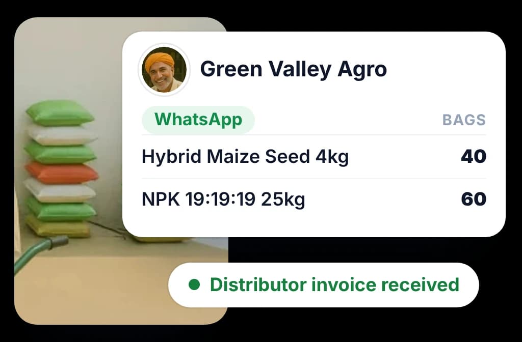 A dealer's order for maize seed and NPK fertilizer sent on WhatsApp, with the distributor invoice already received