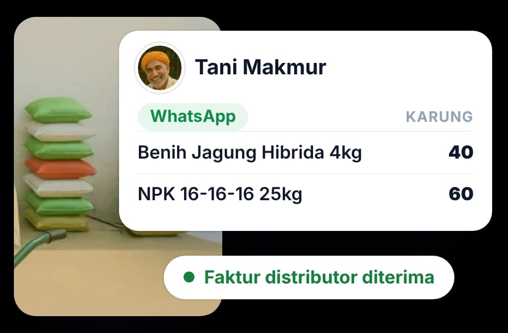 Order dealer untuk benih jagung dan pupuk NPK yang dikirim lewat WhatsApp, dengan faktur distributor yang sudah diterima