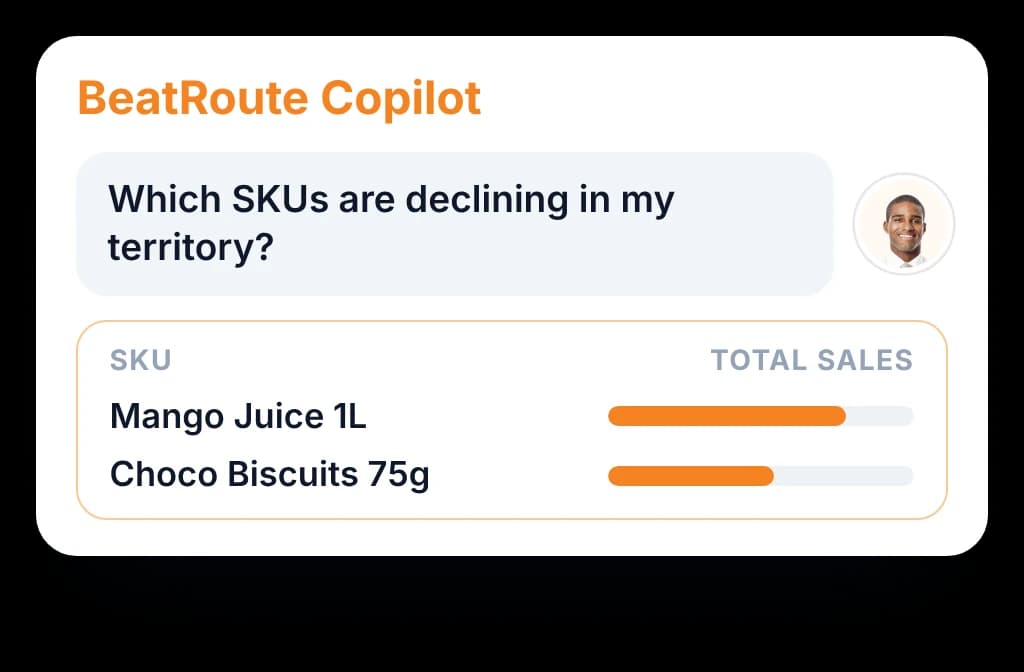 BeatRoute Copilot answering a manager's question about which SKUs are declining in the territory