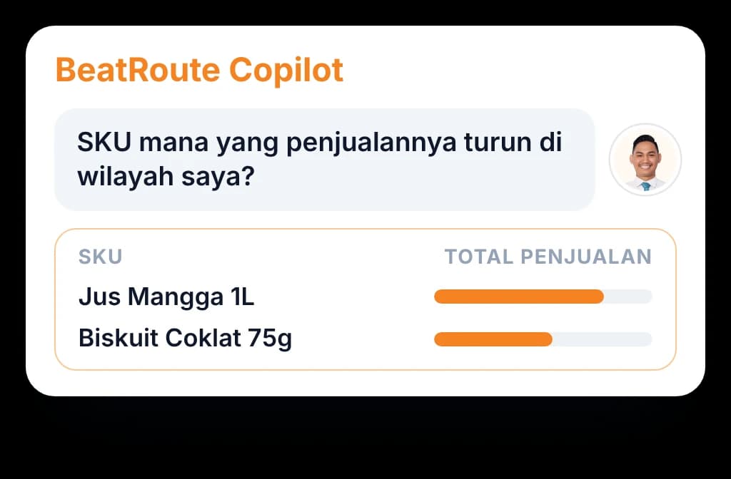 BeatRoute Copilot menjawab pertanyaan manajer tentang SKU yang menurun di wilayahnya