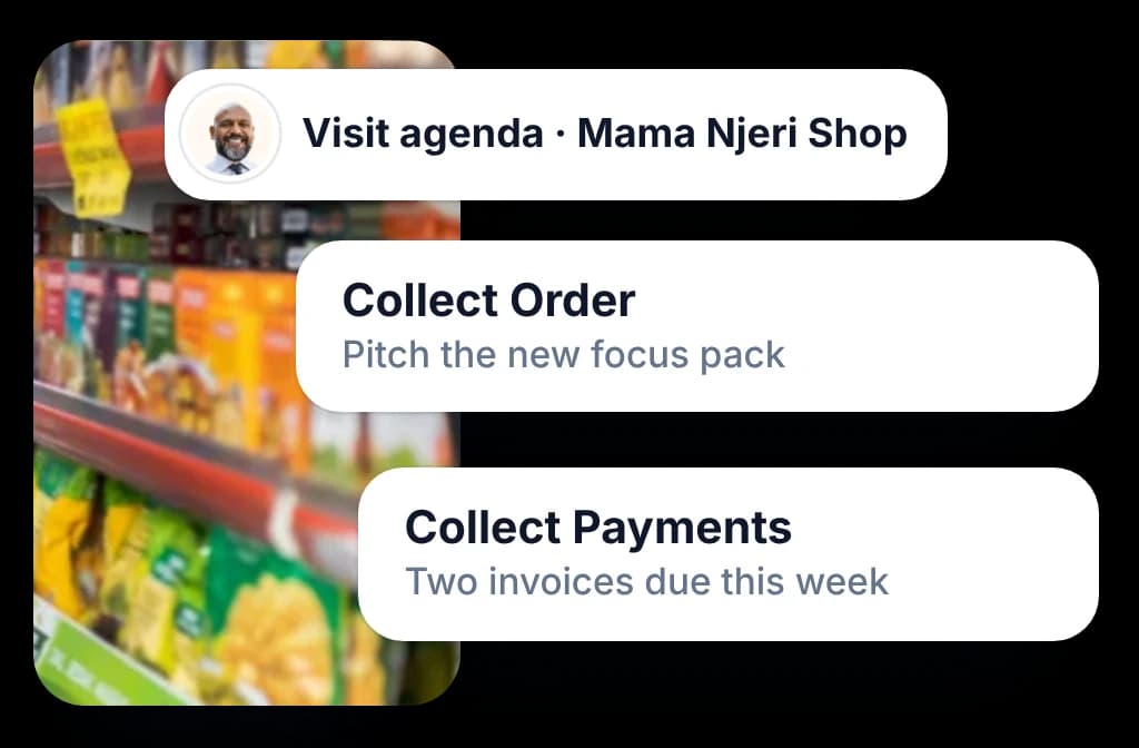 BeatRoute visit agenda prepared for Mama Njeri Shop before the rep arrives: collect an order and collect payments