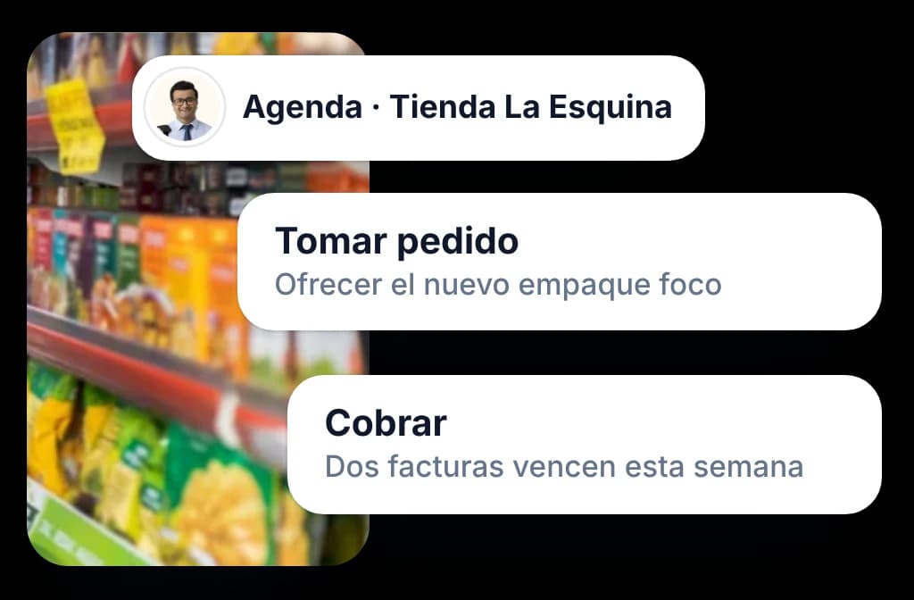 Agenda de visita de BeatRoute preparada para una tienda antes de que llegue el vendedor: tomar pedido y cobrar