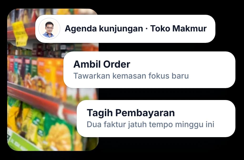 Agenda kunjungan BeatRoute yang disiapkan sebelum rep tiba di toko: ambil order dan tagih pembayaran