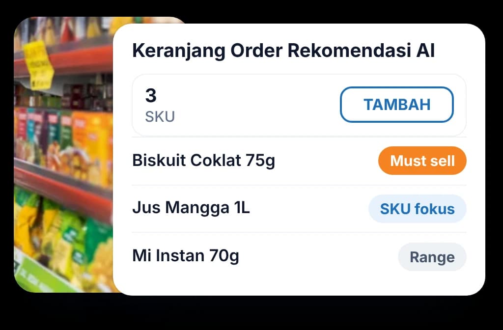 Order basket rekomendasi BeatRoute AI untuk satu outlet, dengan SKU must-sell, focus, dan range siap ditambahkan