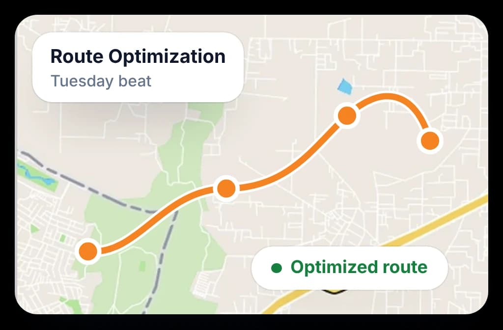 BeatRoute route optimization drawing a rep's beat on the map as one path through the outlet stops