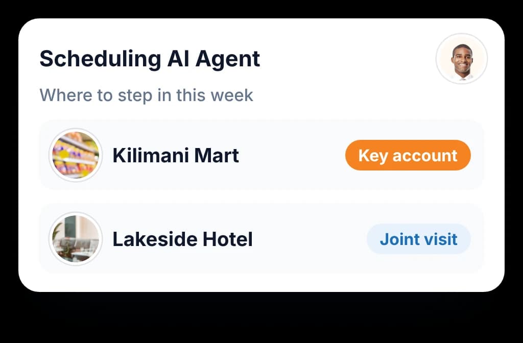 BeatRoute Scheduling AI Agent showing a manager the key account Kilimani Mart and Lakeside Hotel to visit with a rep this week