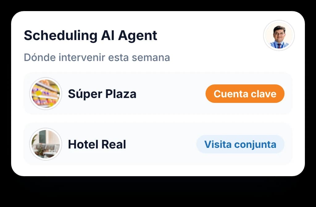 Scheduling AI Agent de BeatRoute mostrando a un gerente la cuenta clave y el hotel que debe visitar con un vendedor esta semana