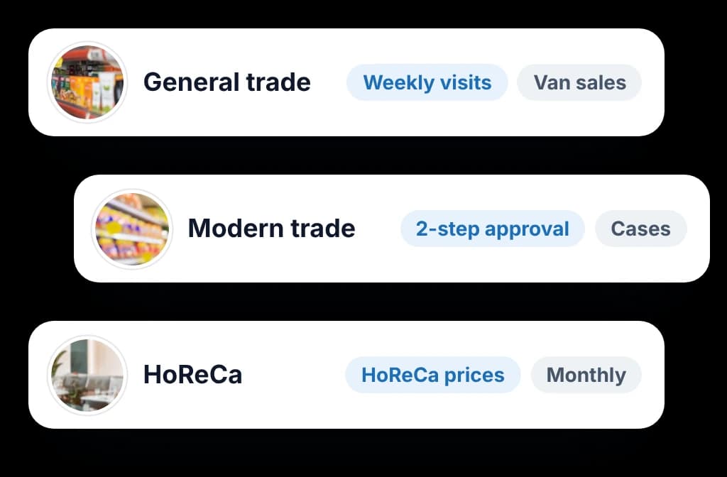 BeatRoute set up for general trade, modern trade and HoReCa, each channel with its own visit and approval rules