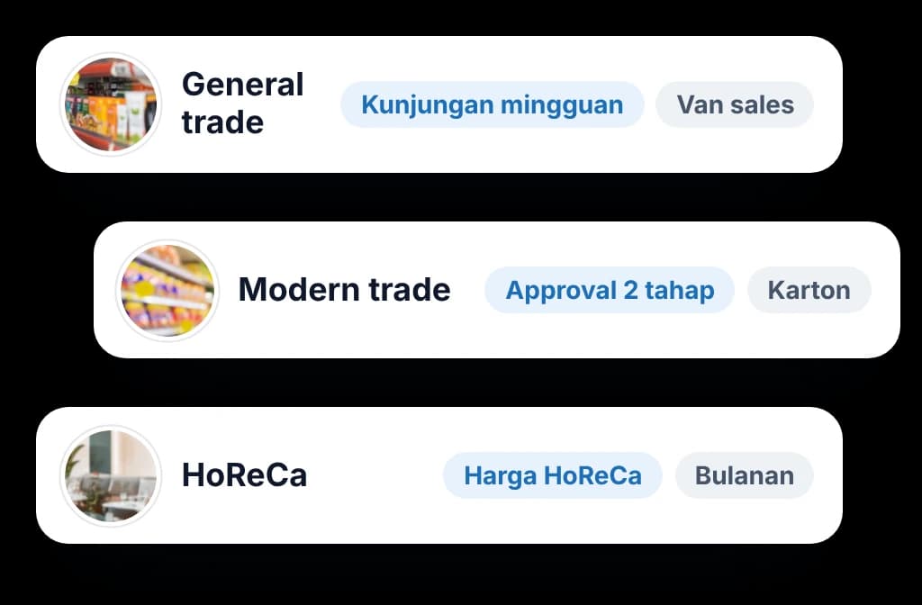 BeatRoute diatur untuk general trade, modern trade, dan HoReCa, masing-masing dengan aturan kunjungan dan approval sendiri