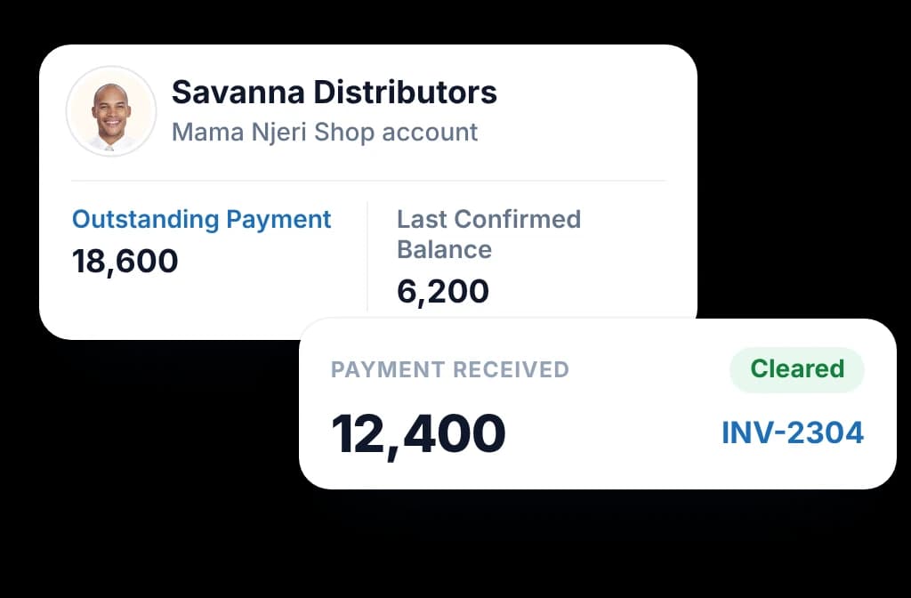 BeatRoute account for Savanna Distributors showing the outstanding payment from Mama Njeri Shop and a payment received that clears one invoice