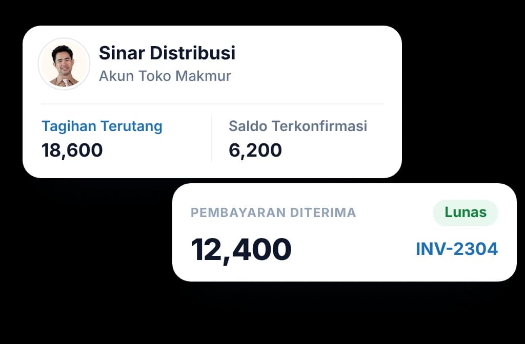 Akun distributor BeatRoute menampilkan tagihan terutang dan pembayaran masuk yang melunasi satu faktur