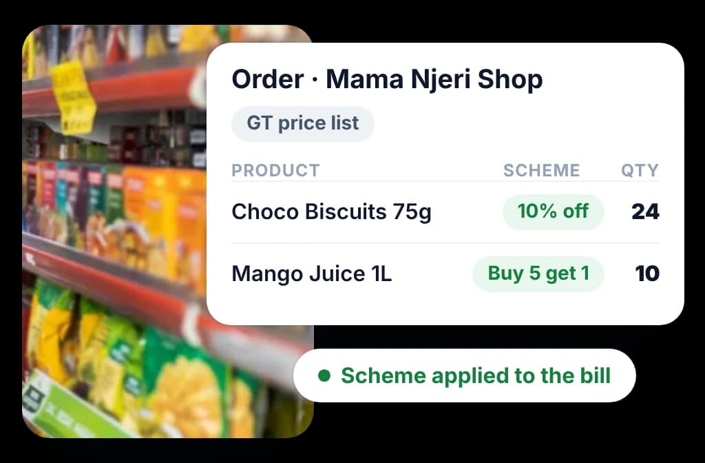 BeatRoute order for Mama Njeri Shop on the general trade price list, with a scheme on each line applied to the bill