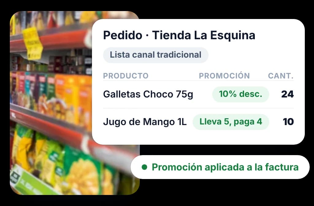 Pedido de BeatRoute para una tienda de barrio con la lista de precios de canal tradicional y un esquema aplicado en cada línea de la factura