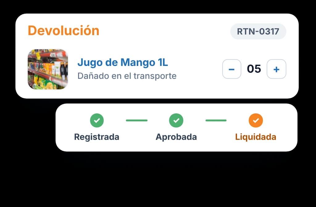 Devolución de un producto dañado en BeatRoute, con seguimiento por ID: creada, aprobada y liquidada