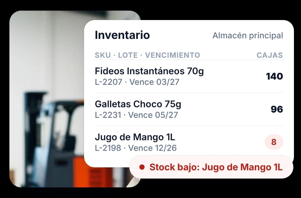Inventario del distribuidor en BeatRoute por SKU, lote y fecha de vencimiento, con una alerta de bajo inventario en un producto