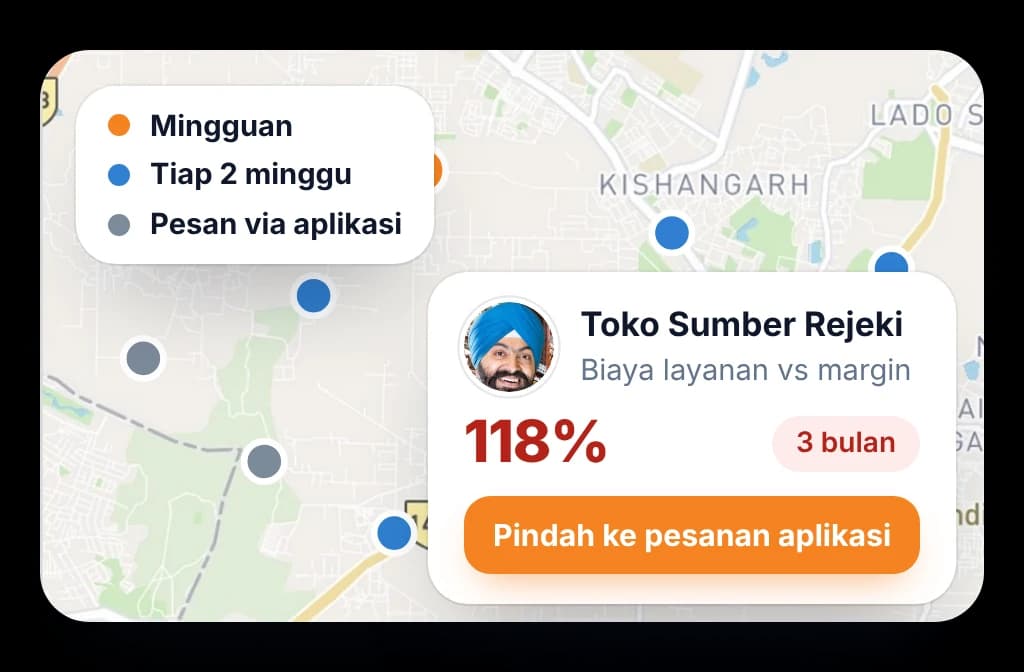 Peta outlet menurut tingkat kunjungan, dengan satu toko yang cost to serve-nya melampaui margin ditandai untuk dipindah ke pemesanan lewat aplikasi.