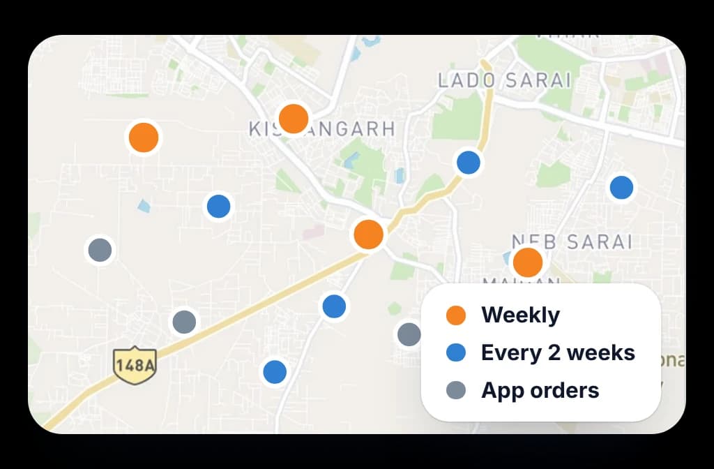 Territory map with outlets pinned by visit tier: weekly, every two weeks, or ordering by app between visits.