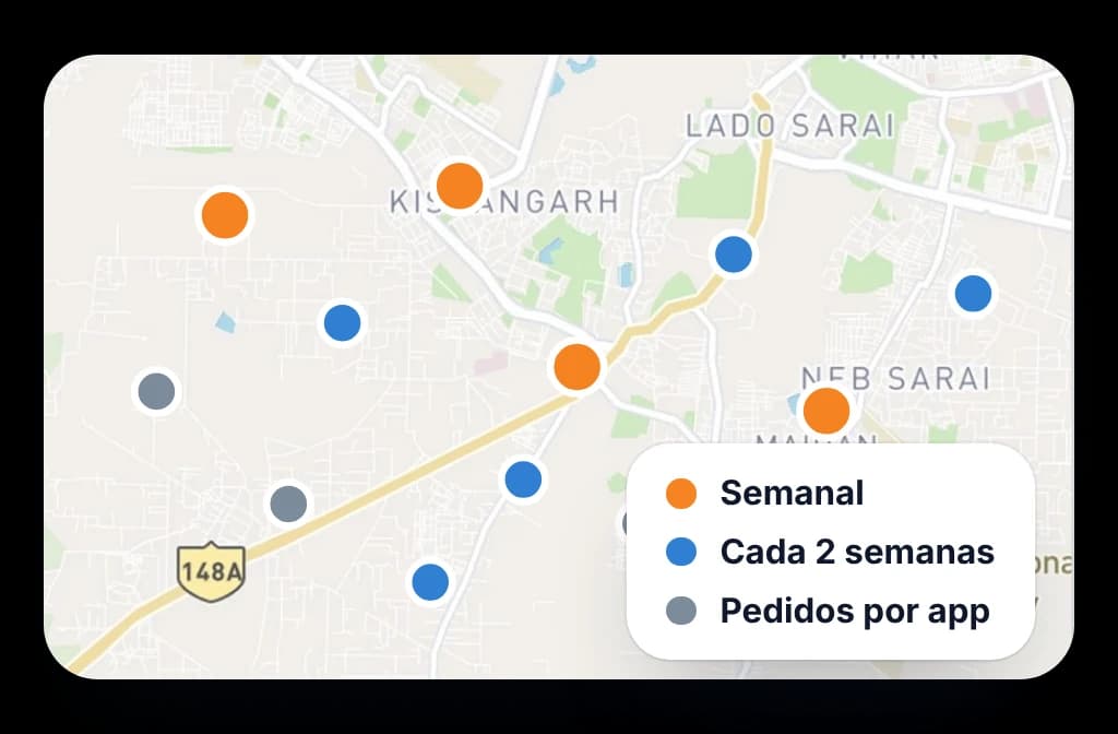 Mapa de territorio con puntos de venta marcados por nivel de visita: semanal, cada dos semanas, o pedido por app entre visitas.