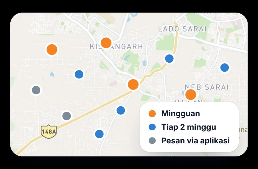 Peta teritori dengan outlet bertanda menurut tingkat kunjungan: mingguan, dua mingguan, atau memesan lewat aplikasi di antara kunjungan.