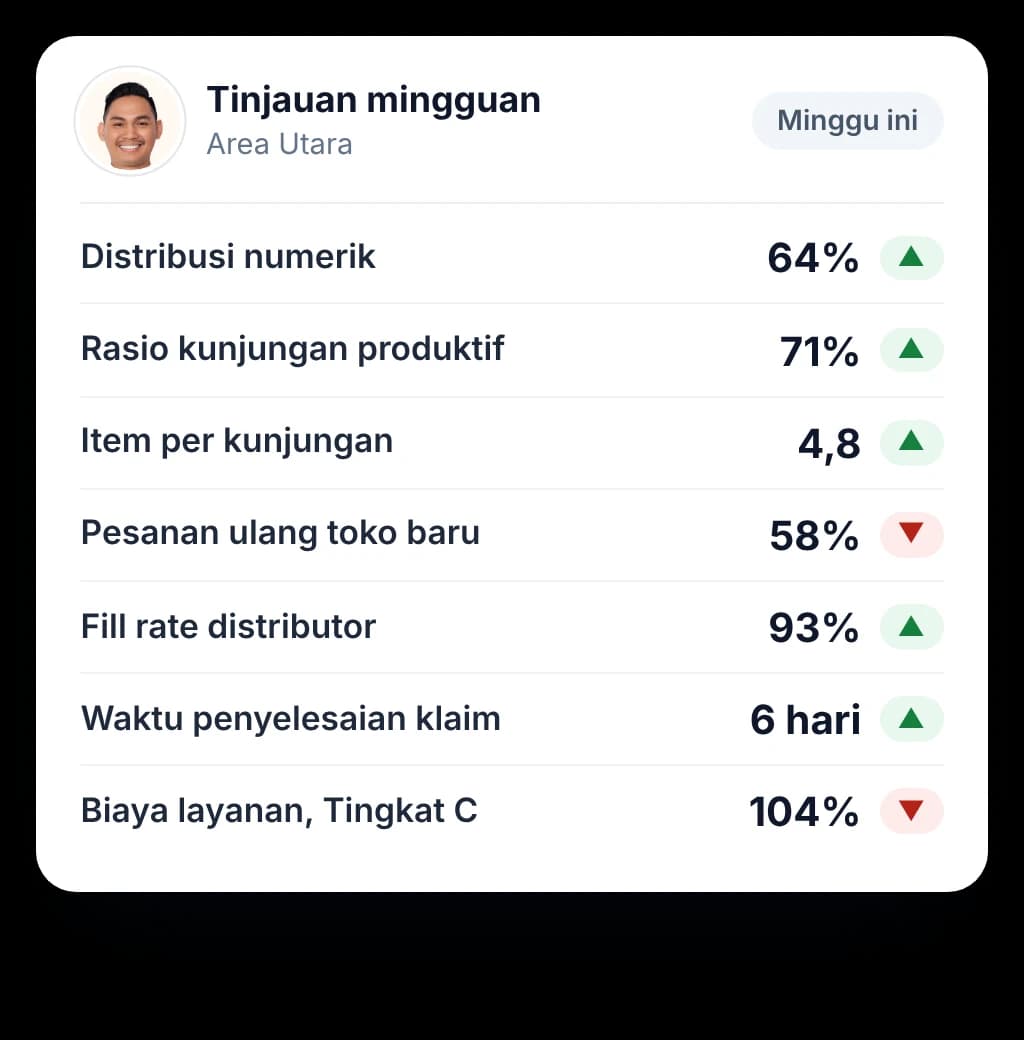 Tinjauan mingguan teritori dengan numeric distribution, kunjungan produktif, lini per kunjungan, order berulang, fill rate, dan waktu klaim.