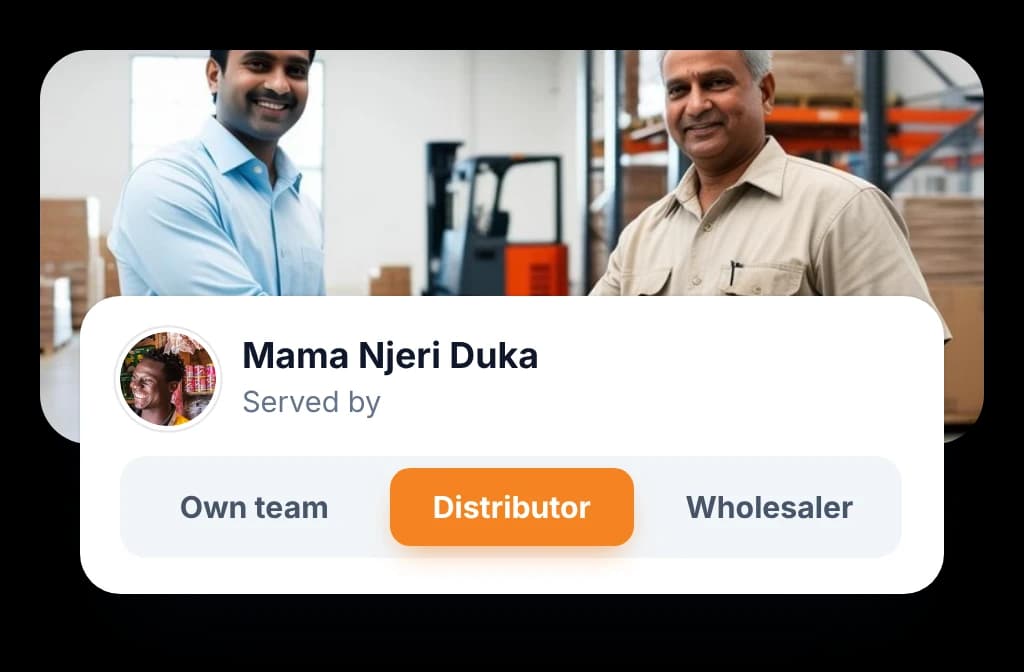 Outlet record showing who serves the store, with own team, distributor and wholesaler as the choices and distributor picked.