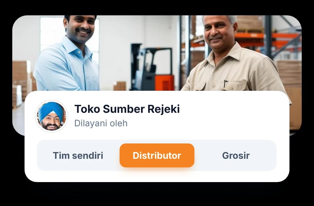 Data outlet yang menunjukkan siapa yang melayani toko: tim sendiri, distributor, atau grosir, dengan distributor terpilih.