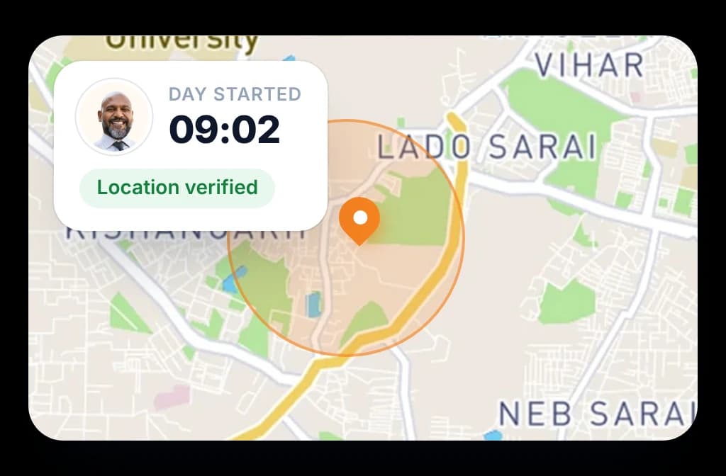 BeatRoute check-in at 09:02 with a verified location on a map around the rep's position