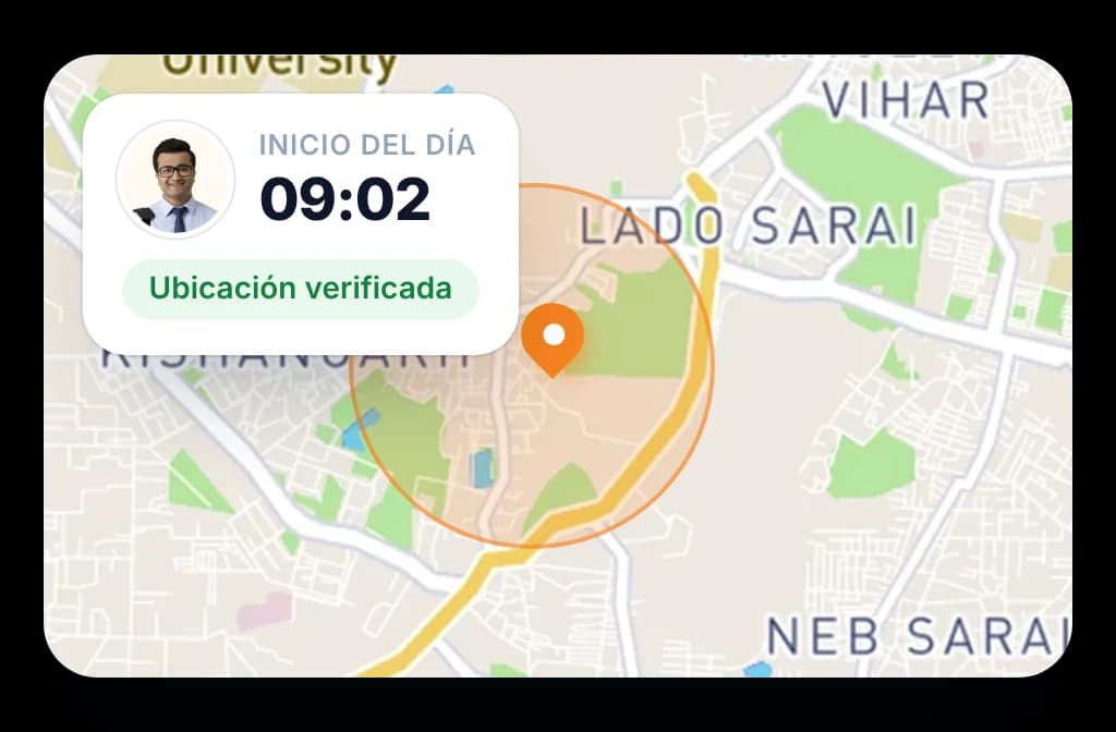Registro de inicio de BeatRoute a las 09:02 con ubicación verificada en un mapa alrededor de la posición del representante