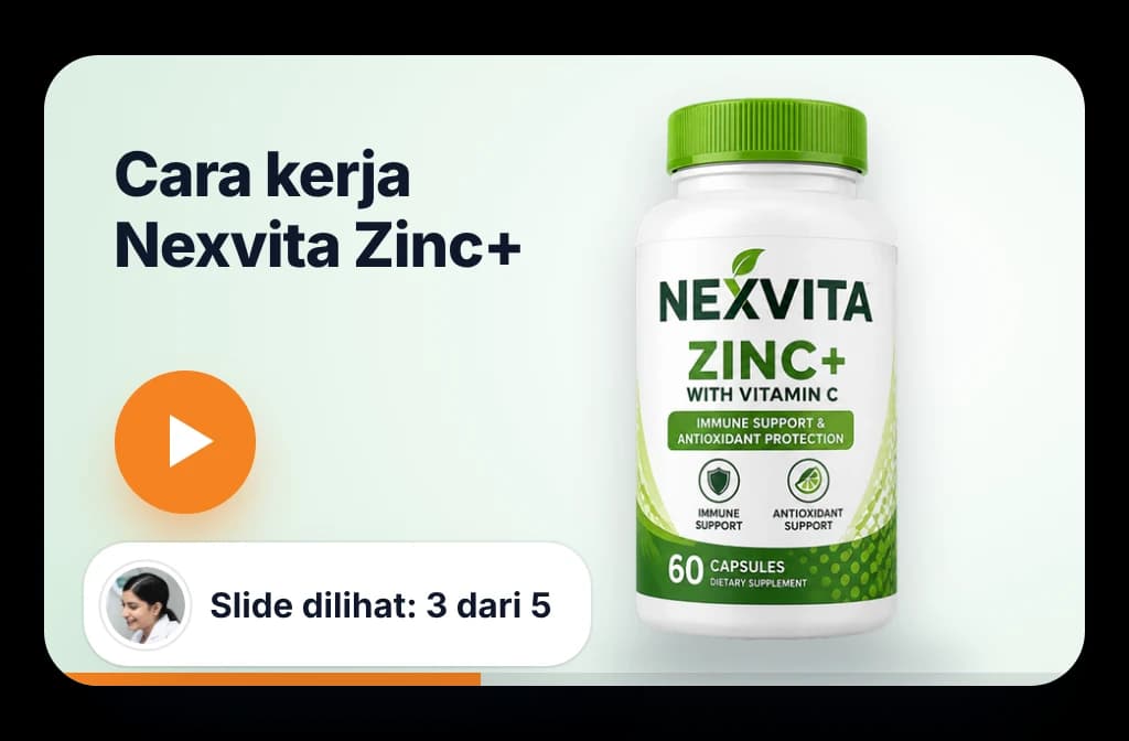 Video produk e-detailing BeatRoute untuk Nexvita Zinc+ dengan tombol putar, dan hitungan slide yang telah dilihat dokter