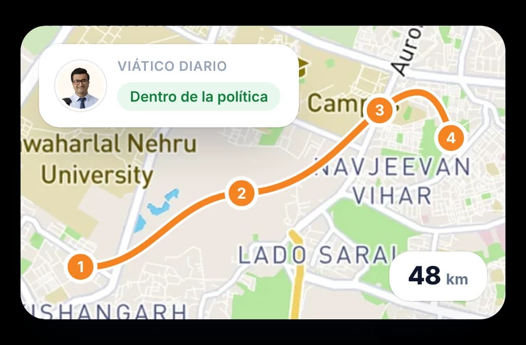 Ruta recorrida hoy en el mapa de BeatRoute con cuatro paradas numeradas, la distancia y un viático calculado según la ruta