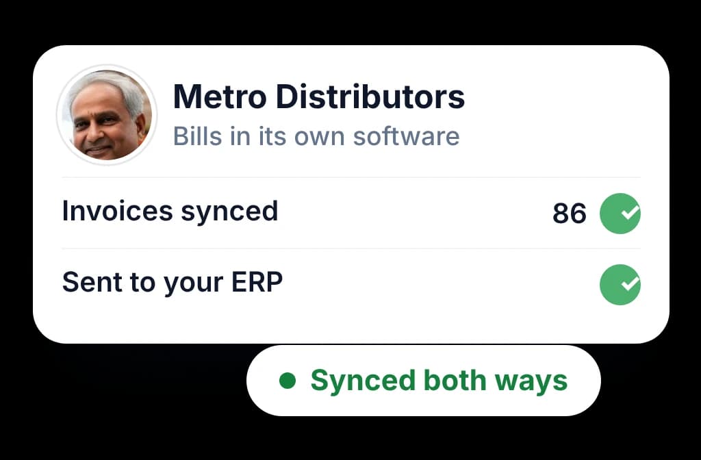 A distributor that bills in its own software, with its invoices synced to BeatRoute and sent on to the ERP