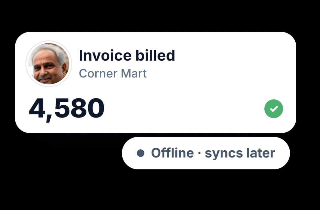 Distributor app with a retailer invoice billed and a note that it saves offline and syncs once back online