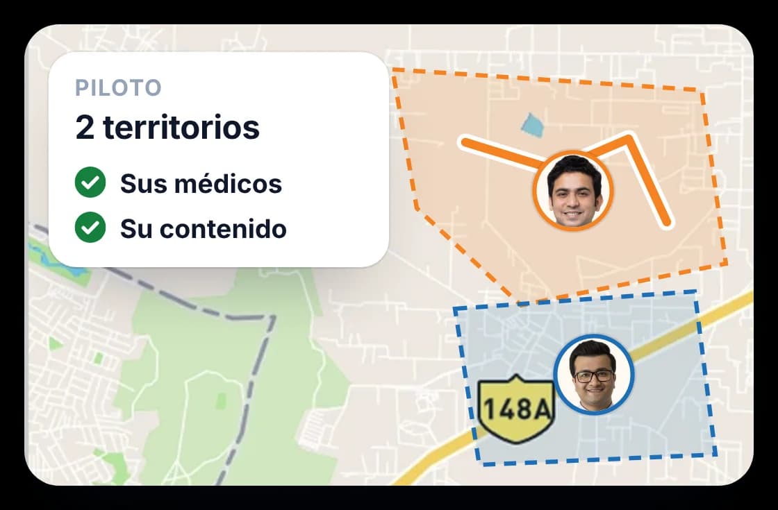 Mapa con dos territorios piloto marcados, preparado con su propia lista de médicos y su propio contenido