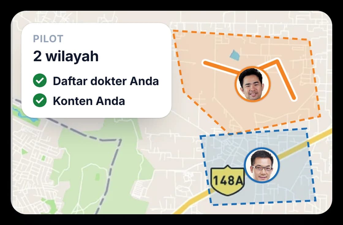 Peta wilayah dengan dua wilayah pilot, disiapkan dengan daftar dokter Anda sendiri dan konten Anda sendiri