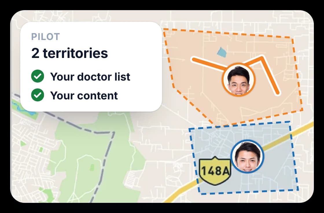 Territory map with two pilot territories marked, set up on your own doctor list and your own content