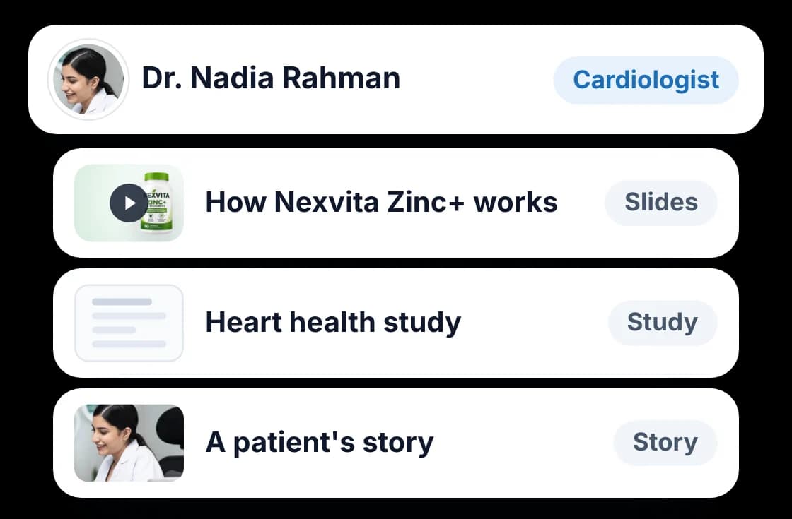 Content matched to a cardiologist: product slides, a study summary and a patient story