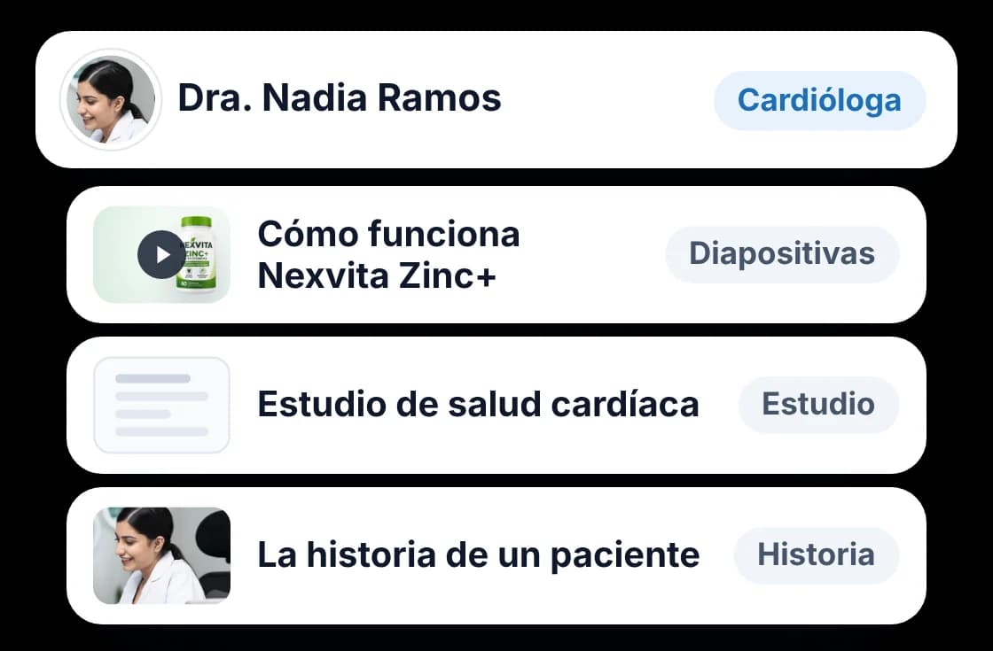 Contenido elegido para una cardióloga: diapositivas del producto, un estudio y la historia de un paciente