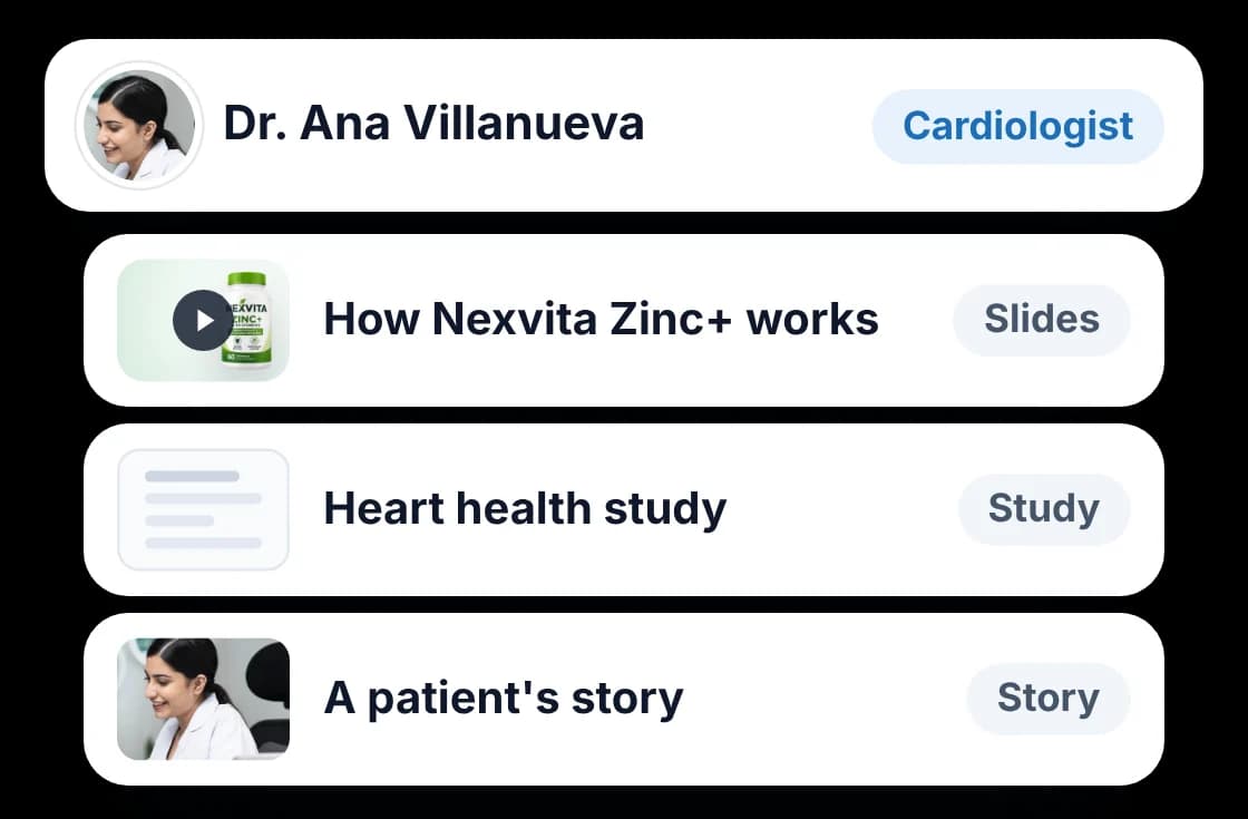 Content matched to a cardiologist: product slides, a study summary and a patient story