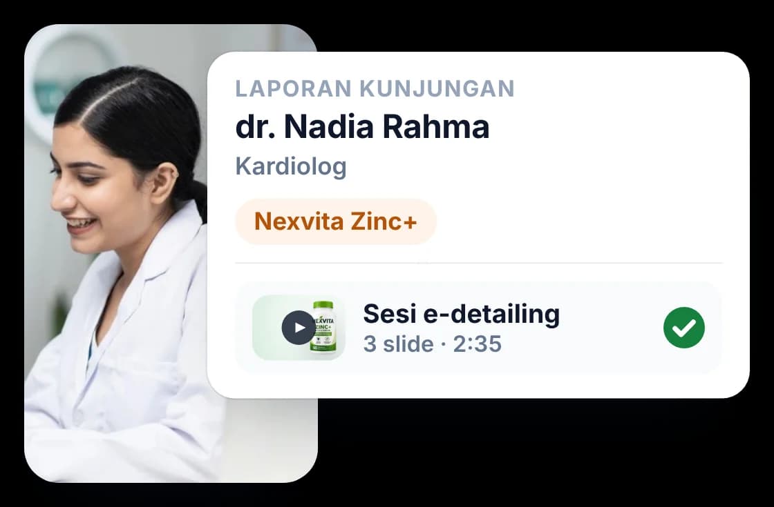 Laporan kunjungan dokter berisi produk yang dipresentasikan dan sesi e-detailing yang terlampir