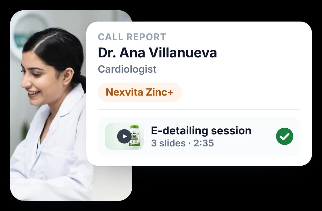 Call report for a doctor visit with the product detailed and the e-detailing session attached to it