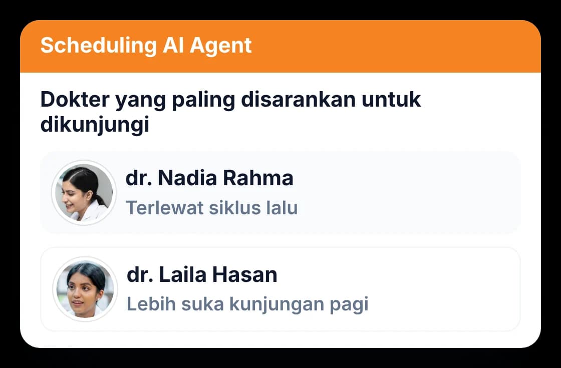 Scheduling AI Agent menampilkan dokter yang paling disarankan untuk dikunjungi beserta alasannya