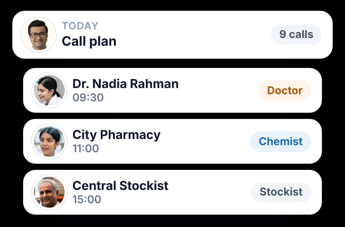 BeatRoute MR reporting app showing a medical rep's daily call plan