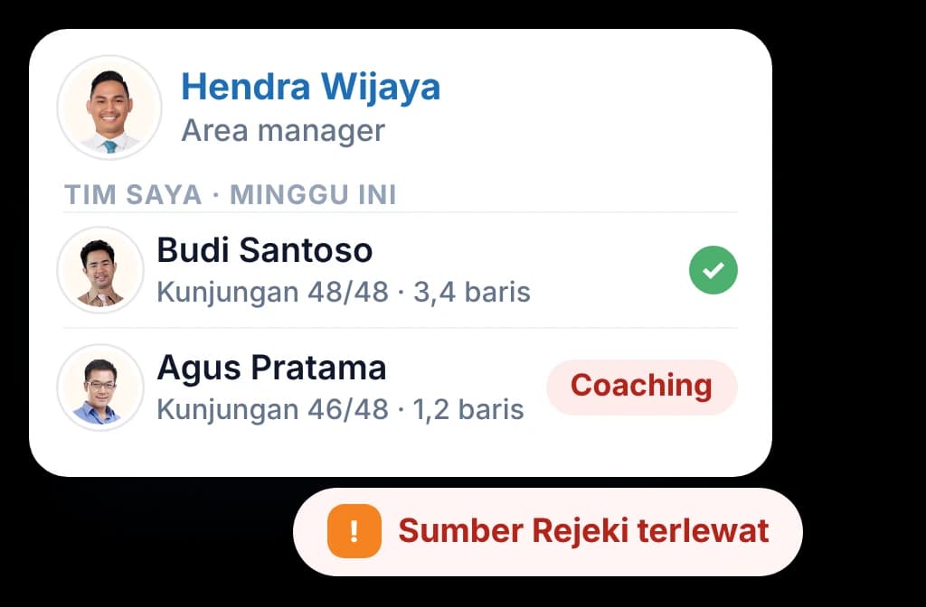 Tampilan tim area manager dengan satu sales ditandai untuk coaching dan alert hari itu juga soal toko yang terlewat